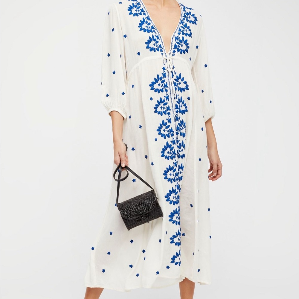 Free People White and Blue Floral Midi Dress